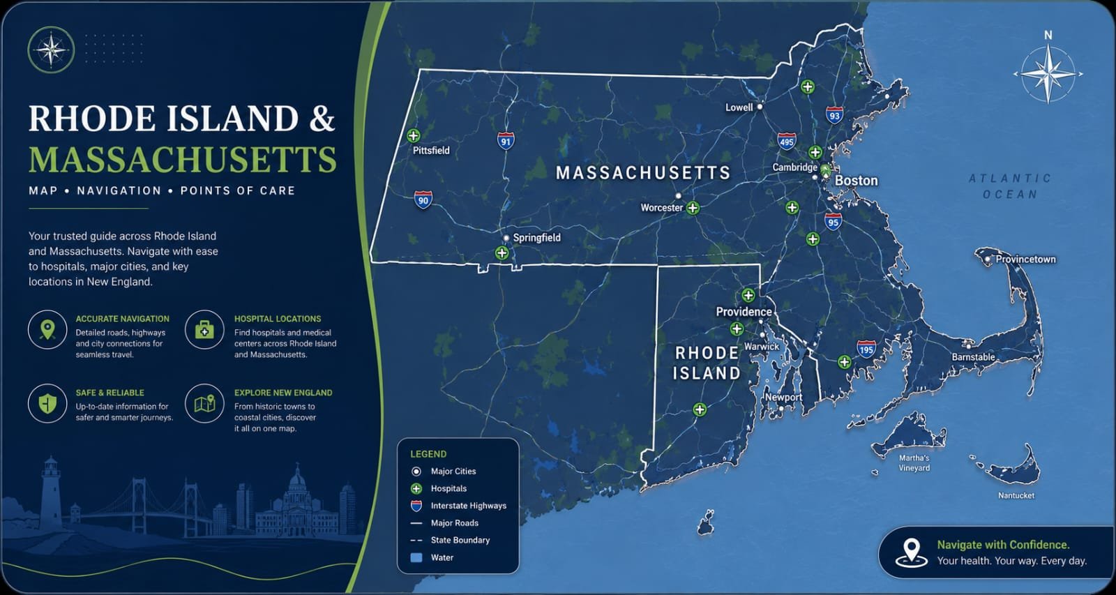 Rhode Island and Massachusetts Navigation Map